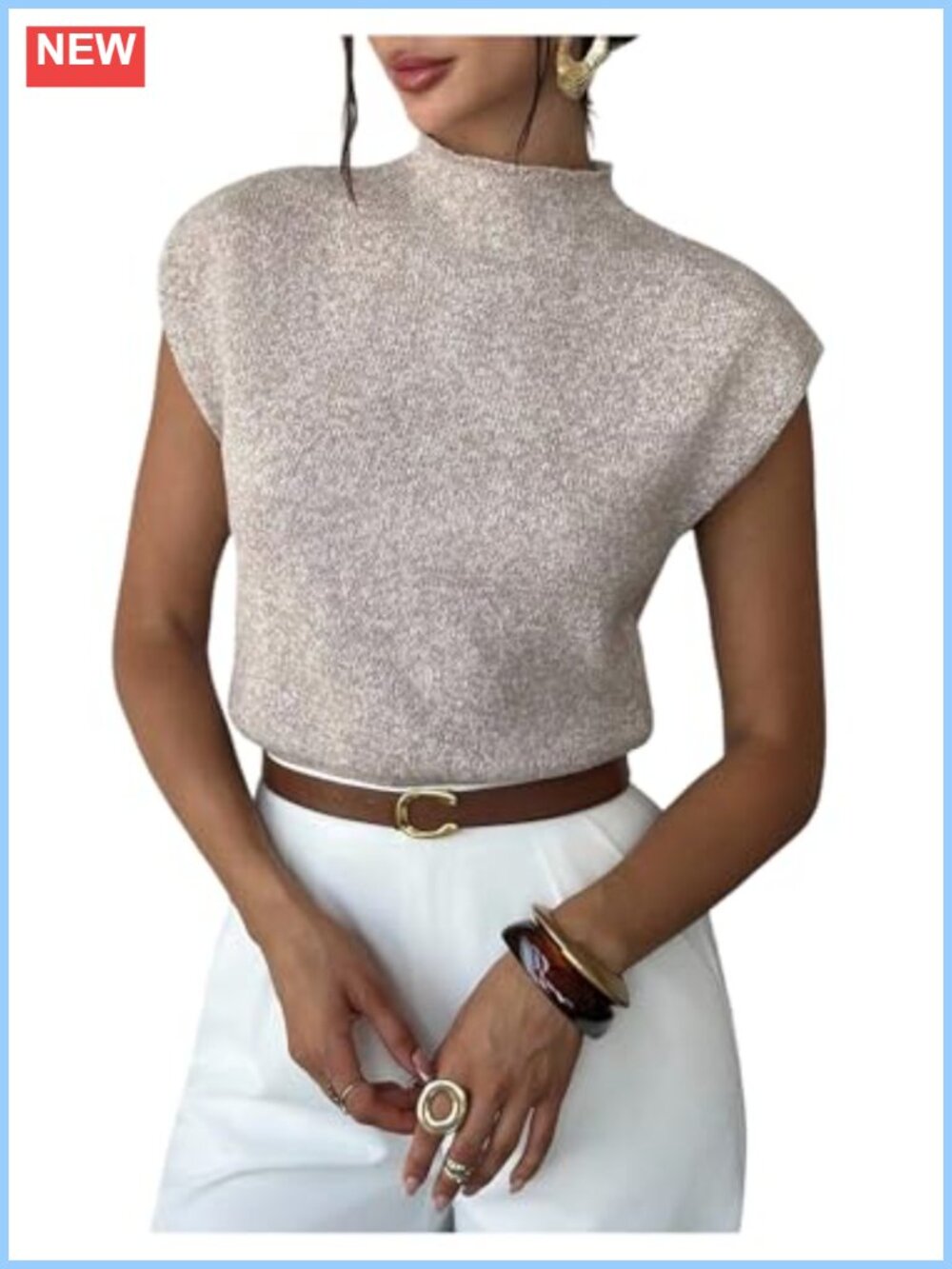 Mock Neck Crop Sweater Cap Sleeve Lightweight Knit Top Fitted Ribbed Hem